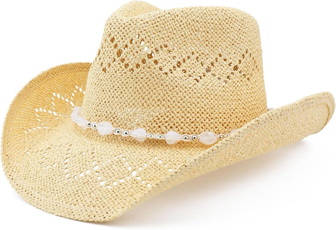 Pro Celia Men Women Cowgirl Straw Western Cowboy Hat (Bead-Beige)