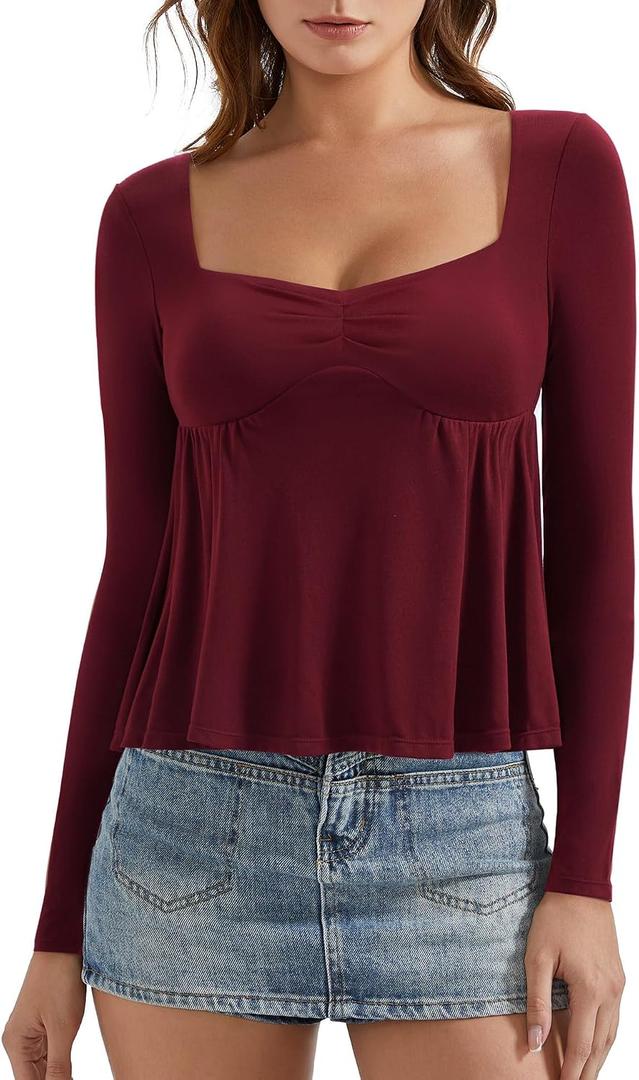 OMKAGI Cute Peplum Babydoll Tops for Women Going Out Double Layer Long Sleeve Shirts (XS)