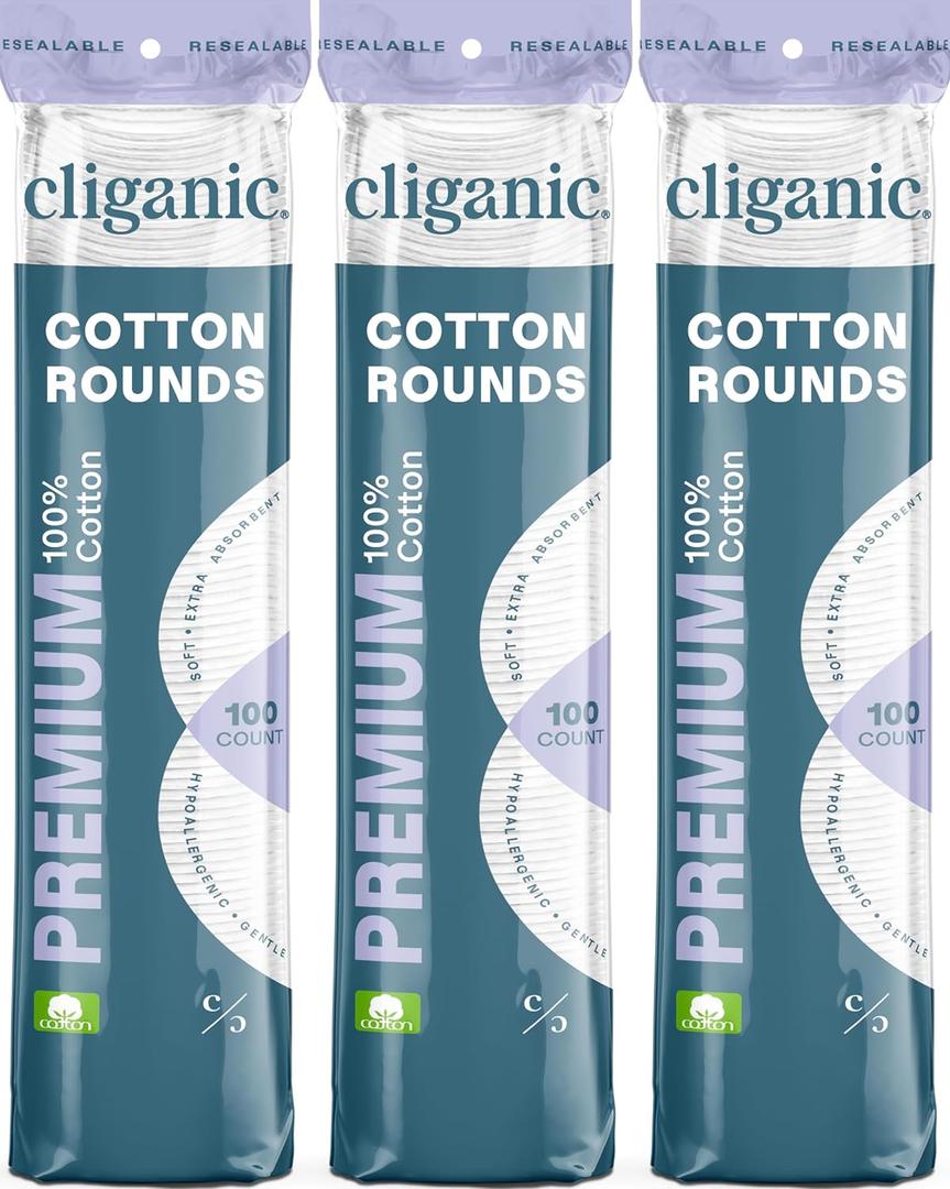 Cliganic Premium Cotton Rounds for Face (300 Count) - Makeup Remover Pads, Hypoallergenic, Lint-Free | 100% Pure Cotton