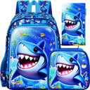 16" Shark Backpack for Boy, 3Pcs School Backpacks with Lunch Box, Kids Bookbag for Elementary Preschool Kindergarten (Blue)