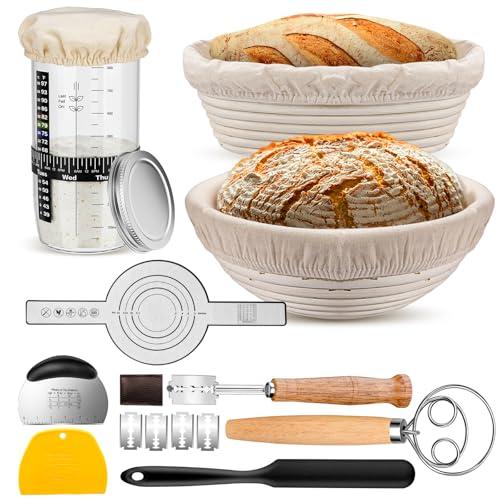 Sourdough Starter Kit with 2 Proofing Baskets, 36oz Sourdough Starter Jar, Bread Lame, Dough Scraper, Dough Whisk & Silicone Bread Sling