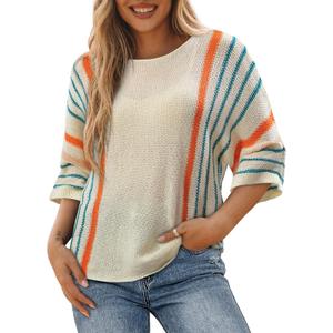 Dokotoo Womens 2026 Spring Summer Casual Crewneck 3/4 Sleeve Striped Lightweight Knit Trendy Boho Tops Pullover Sweaters (M)