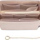 Purse Organizer Insert, Handbag Organizer with Zipper, Tote Shaper with Cup Holder & Keychain, Compatible with LV, Neverfull, MK, COACH, Longchamp, Kate Spade Khaki-Lg