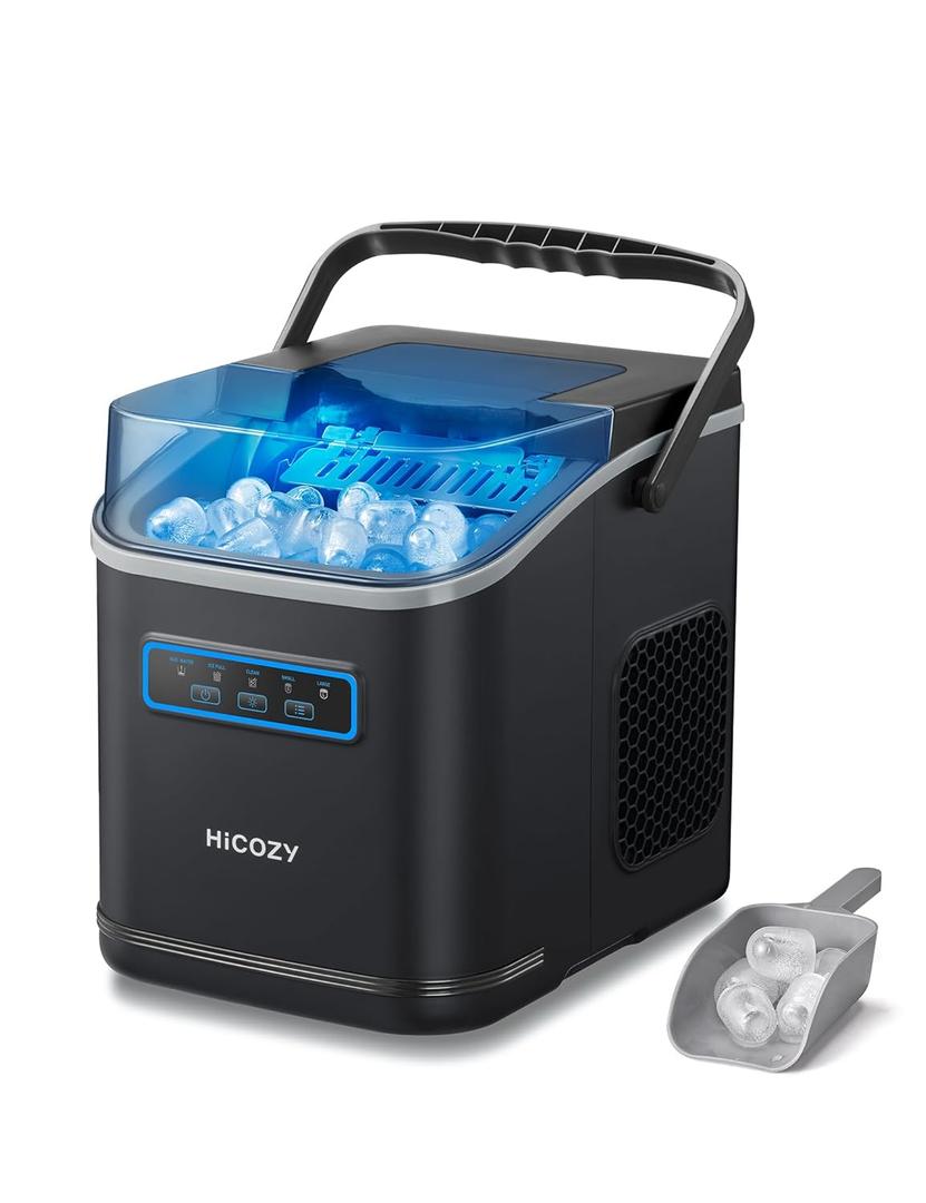 HiCOZY Clear View Ice Maker Countertop, Self-Cleaning Ice Machine with Ambient Lights, Ice in 6Mins, 26 lbs/Day, 2 Sizes of Bullet Ice for Apartment/Kitchen/Office/Home Bar(Black) (12.4"D x 11.3"W x 9.5"H)