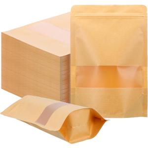 200Pcs Krafted Paper Bags with Transparent Window, 6x9 Inch Resealable Bag, Zipper Food Storage Bags, Stand Up Pouches, Food Storage Pouches for Packaging Snacks, Cookies, Candy