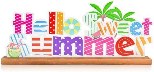 Hello Sweet Summer Metal Table Decor Summer Rustic Metal Sign Holiday Tiered Tray Table Centerpieces Decor with wooden Base for Party Supplies, Pack of 2