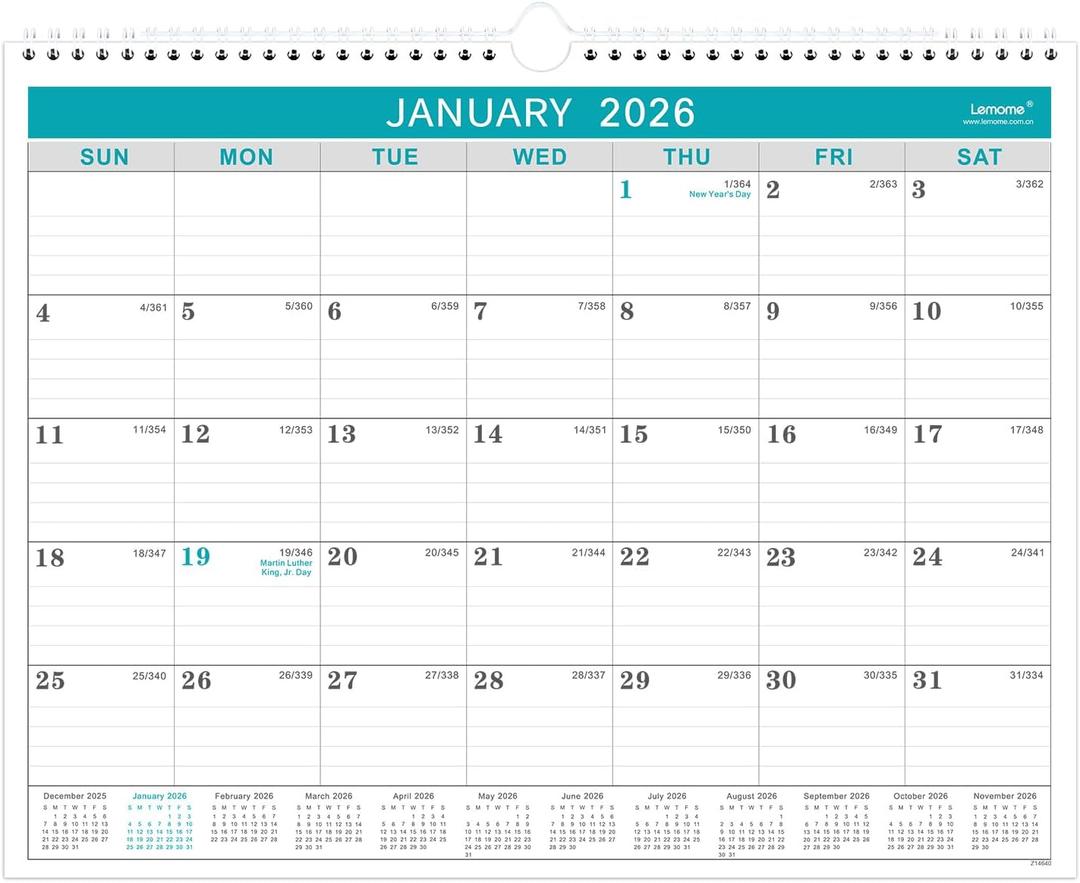 Calendar 2026, 12 Months from January 2026 to December 2026,11.5" x 14.6", with Julian Date