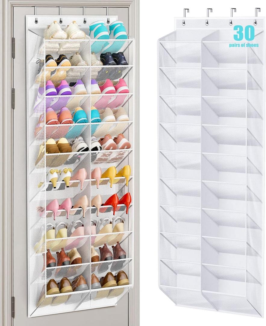 MISSLO 30 Pairs Over the Door Shoe Organizer Breathable Mesh Hanging Shoe Rack for Closet Storage with Wide Deep Pockets 10 Tier Shoes Holder Fit All the Family's Sneakers, Boots, Heels (White, 71")