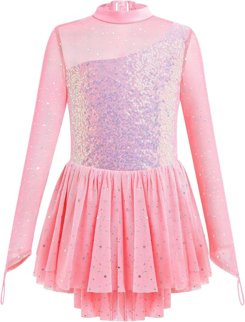 ODASDO Figure Skating Dress for Girls Mesh Long Sleeve Sparkly Sequin Skirted Leotard Ballet Outfit Dancewear (Pink, 11-12Y)