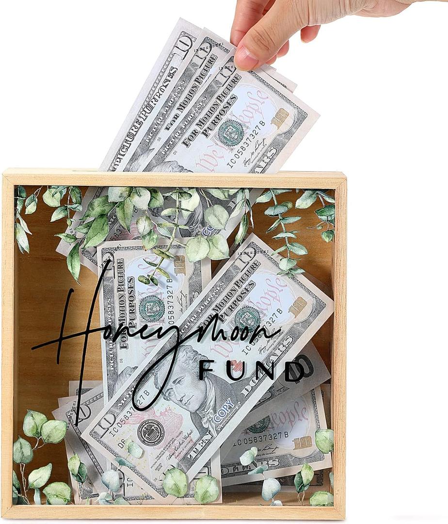 Unittype Honey Moon Fund Box Wedding Card Rustic Wooden Fund Case Wood Greenery Honeymoon Shadow Box for Wedding Reception Party Bridal Shower Gift, 8 x 8 Inch