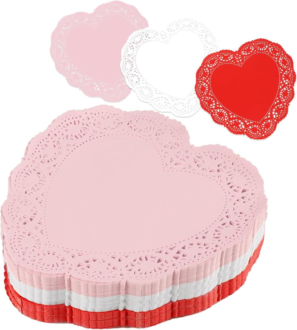 600PCS Heart Doilies 10 Inches Lace Paper Doilies Valentine's Heart Red Pink White Heart Shaped Paper Doily for Valentines Tableware Food Cakes Desserts Papers Placemats