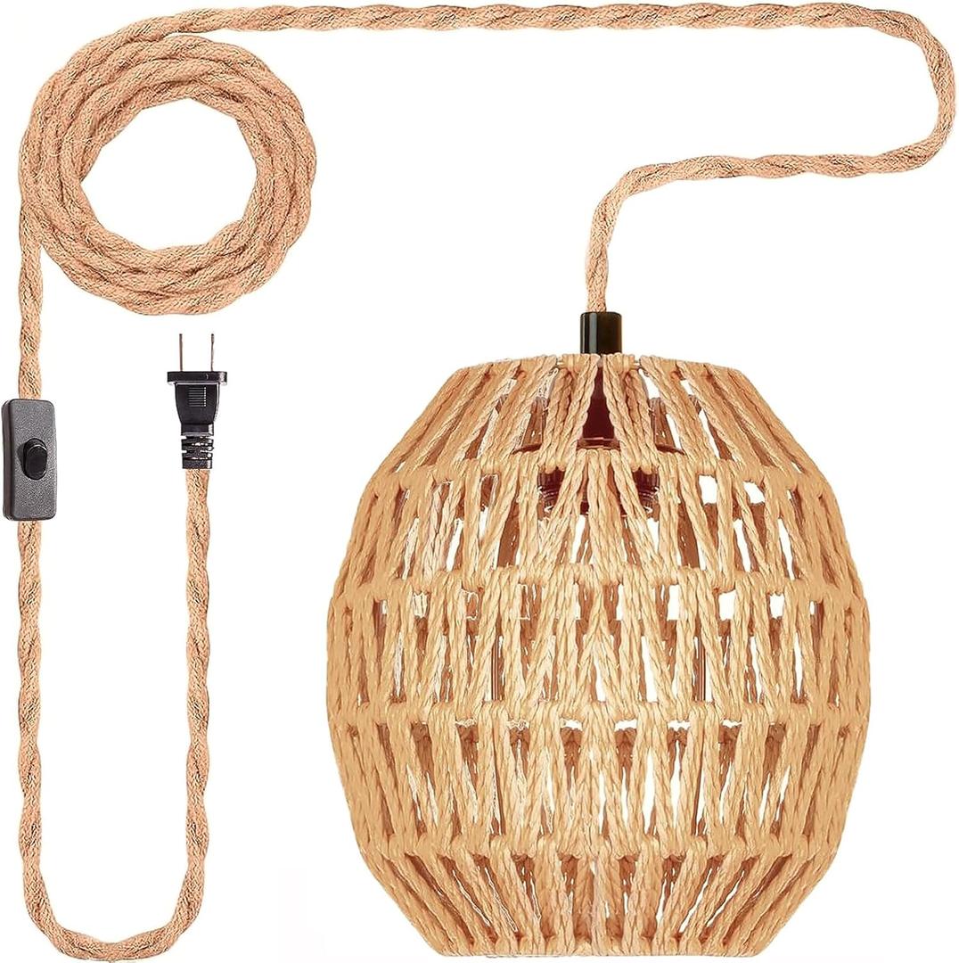 Hanging Lamps Rattan Pendant Light Hanging Lights 16.4ft Plug in Cord Pendant Light Fixture Plug Into Wall Outlet Pendant Lighting with On Off Switch for Bedroom Living (Egg Shade)