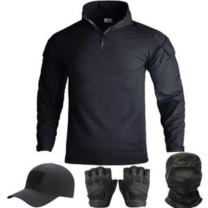 Mens Tactical Camo Shirt,Long Sleeve Combat Shirt,Cap Gloves Balaclava and 1/4 Zip Military Top Airsoft Gear (Large, Black)