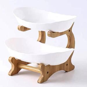 Fruit Bowl for Kitchen Counter - 2 Tier Ceramic Serving Bowls with Bamboo Stand, Tiered Fruit Basket for Fruit Vegetable Storage, Snack, Nuts, Cake, Dessert, Small & Cute (White)