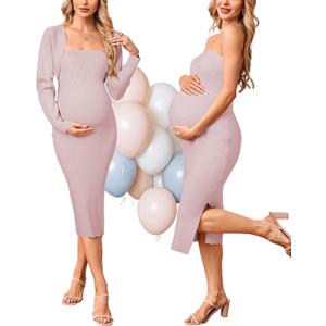 OUGES Maternity Baby Shower Dress 2 Piece Sets Formal Wedding Guest Gender Reveal Photoshoot Ribbed Knit Sweater (X-Large, Pink)