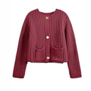 Saodimallsu Womens Button Up Sweaters Fall Chunky Knit Cropped Trendy Crewneck Loose Cardigan with Pockets (Medium, Red)