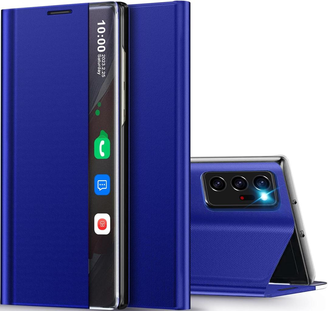 Samsung Galaxy Note 20 Ultra 5G Case View Clear Window Leather for Samsung Note 20 Ultra Case Slim Mirror Hard PC Kickstand Luxury Flip Shockproof Galaxy Note 20 Ultra 5G Cover (Blue)