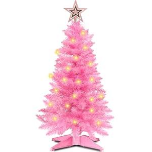 3 Feet Pink Christmas Tree with Lights, 8 Modes Timer 50 Warm White Lights Battery Operated Small Artifical Full Christmas Tree for Home Indoor Office Tabletop Xmas Holiday Decorations