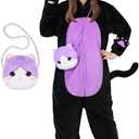 Joycover Black Cat Costume for Girls, Kids Hooded Cat Noir Onesie with Purse Bag, Girls Halloween Costumes for Kids (Medium (6-7y))