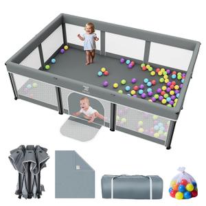 Foldable Baby Playpen with Mat - 74"X50" Large Play Yard for Babies and Toddlers - Indoor & Outdoor Portable Playpen with Storage Bag & 30 Ocean Ball - Baby Fence with Visible Mesh & Zipper Door,Grey