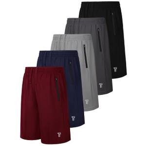 Tuliara 5 Pack Boys Athletic Shorts with Zipper Pockets Basketball Soccer Quick Dry Teen Kids Sport Shorts Elastic Waist Set B, 2XL