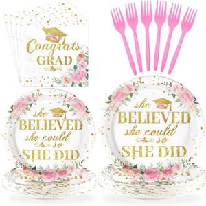 Grencian 96Pcs Pink Graduation Decorations for Women Serves 24 | Class of 2026 Floral Congrats Grad Plates Napkins Gold Bachelor Cap Grad Tableware Set for 2026 Graduation Prom Supplies