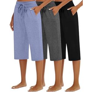 3 Pack Women's Capri Pants, Cotton Drawstring Capris Sweatpants Casual Summer Loose Fit Cropped Pants with Pockets (Black, Dark Gray, Pink) XL