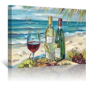 PBXBJY Coastal Canvas Wall Art Beach Picture Grapes and Wine Bottle Poster Prints Food Painting Rustic Blue Ocean Seaside Kitchen Bathroom Decor Modern Artwork (24.00" x 36.00")