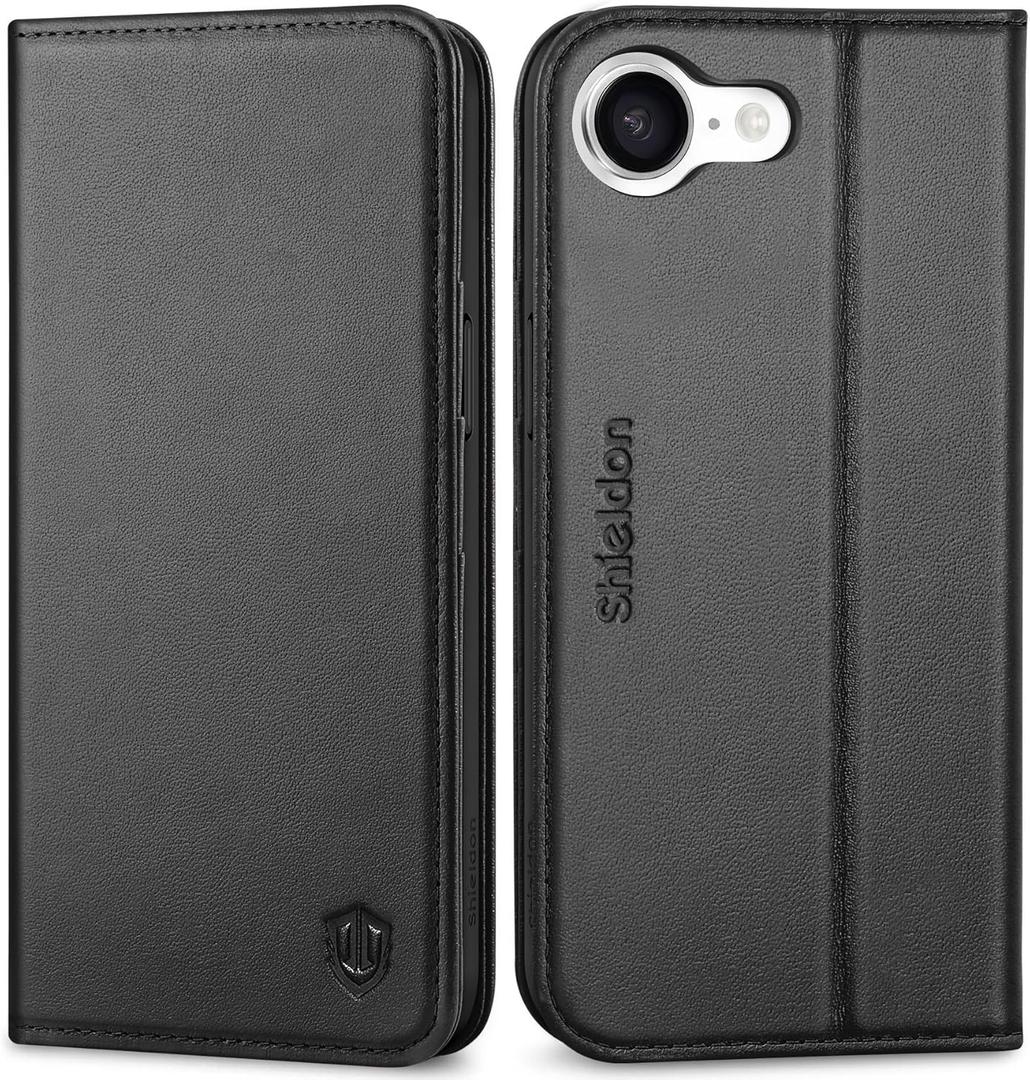 SHIELDON Wallet Case for iPhone 16e 2025, Genuine Leather RFID Blocking Credit Card Holder Folio Magnetic Kickstand Shock-Absorbent Protective Phone Case Compatible with iPhone 16e 6.1" - Nappa Black