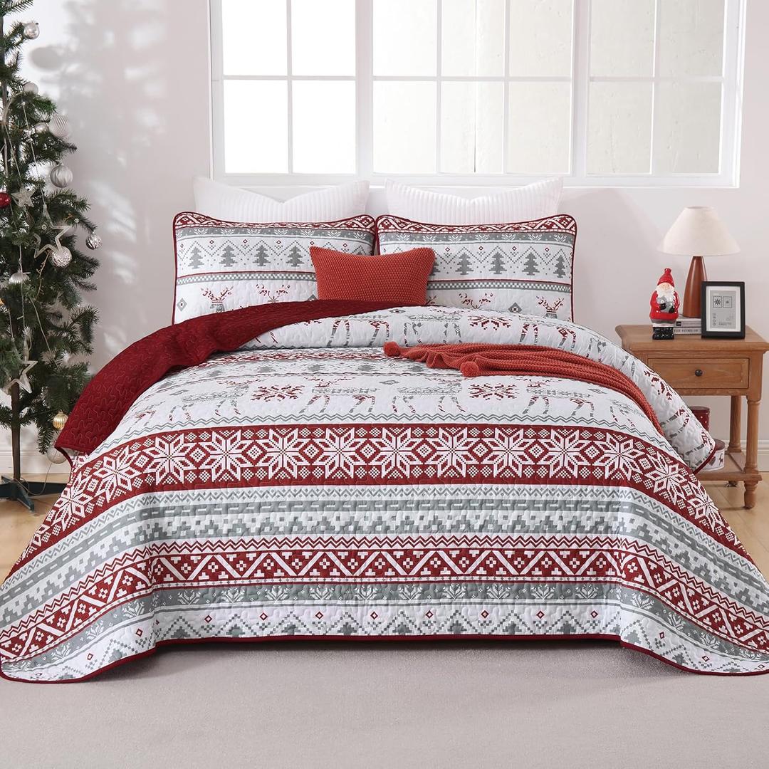 Luxudecor Christmas Quilt Set King Size 3 Pieces, Red Snowflakes Reindeer Bedspread with Pillow Shams, Soft Reversible Coverlet Xmas Bedding Set Holiday Decor 104"x90"
