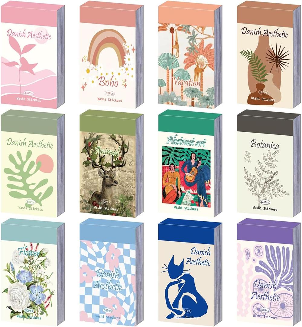 12 Sets 600 Sheets Washi Stickers for Journaling, Boho Abstract Aesthetic Stickers Vintage Scrapbook Sticker Set for Bullet Art Diary Card Craft Gifts Planner Notebook