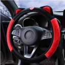 Car Steering Wheel Cover, Fluffy Soft Plush for Winter Warm, Cute Steering Wheel Protector with Kitty Cat Ears, Universal 15 Inch, Elastic & Anti-Slip, Lovely Decor Car Accessories (Black/Red)