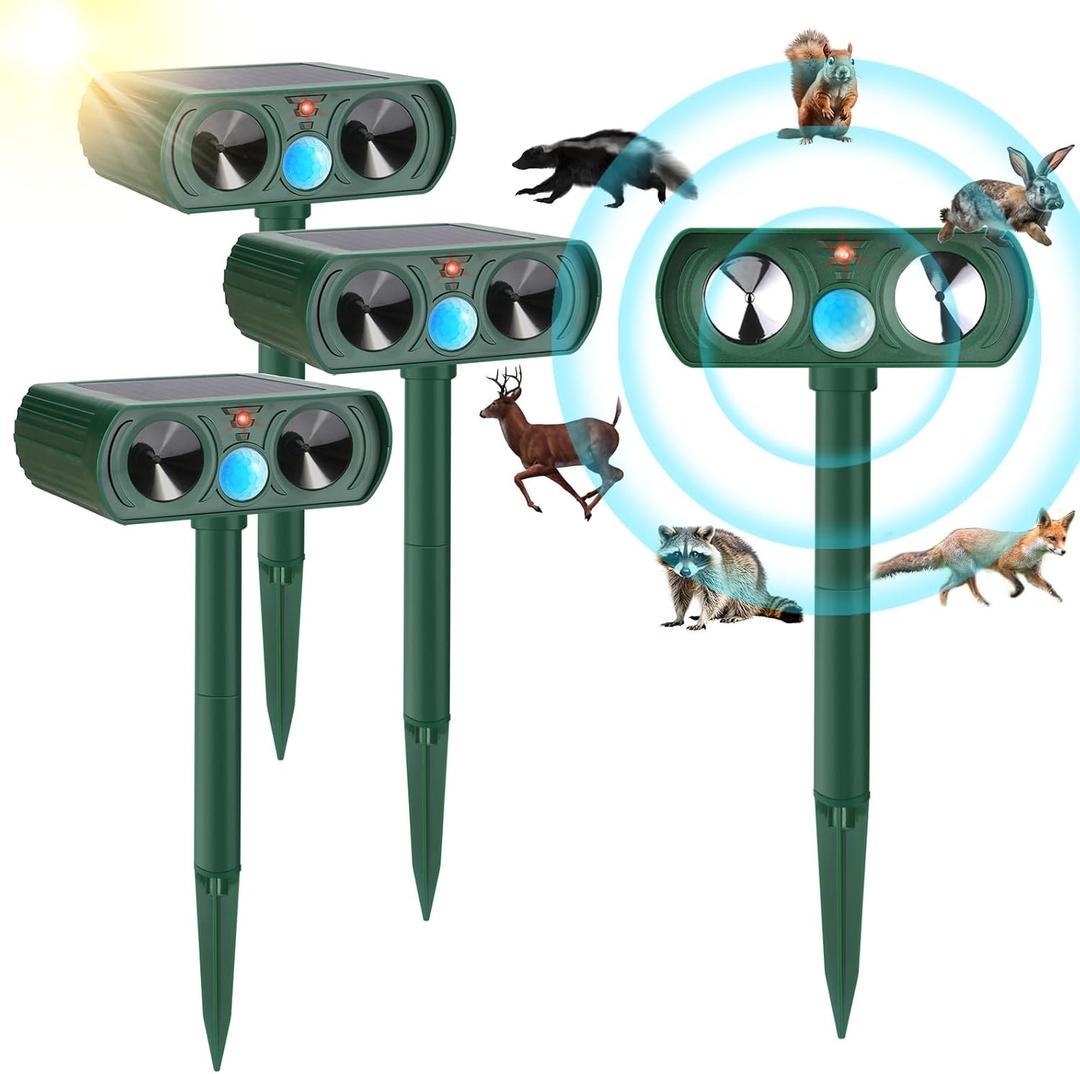 4 Pack Upgraded Ultrasonic Animal Repellent Outdoor Cat Repellent Outdoor Deer Repllent Devices Deterrent Scare Squirrel,Raccoon, Skunk, Rabbit, Dog with Motion Detector for Yard Garden