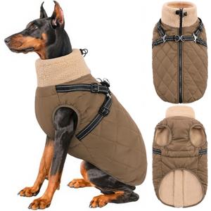 Queenmore Dog Coats for Large Dogs, Dog Jacket, Warm Fleece Winter DogCoat with Harness Built in, Back Zipper Pet Jacket for Large Breeds, Thick Fleece Lining Pet Snowsuit, Brown 2XL