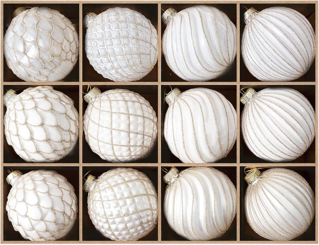 DN DECONATION Christmas Ball Ornaments Set of 12 3.14 White & Gold Vintage Glass Ornaments with 3D Surface, Elegant Glass Christmas Decorations for Tree, Holiday Winter Dcor & Parties