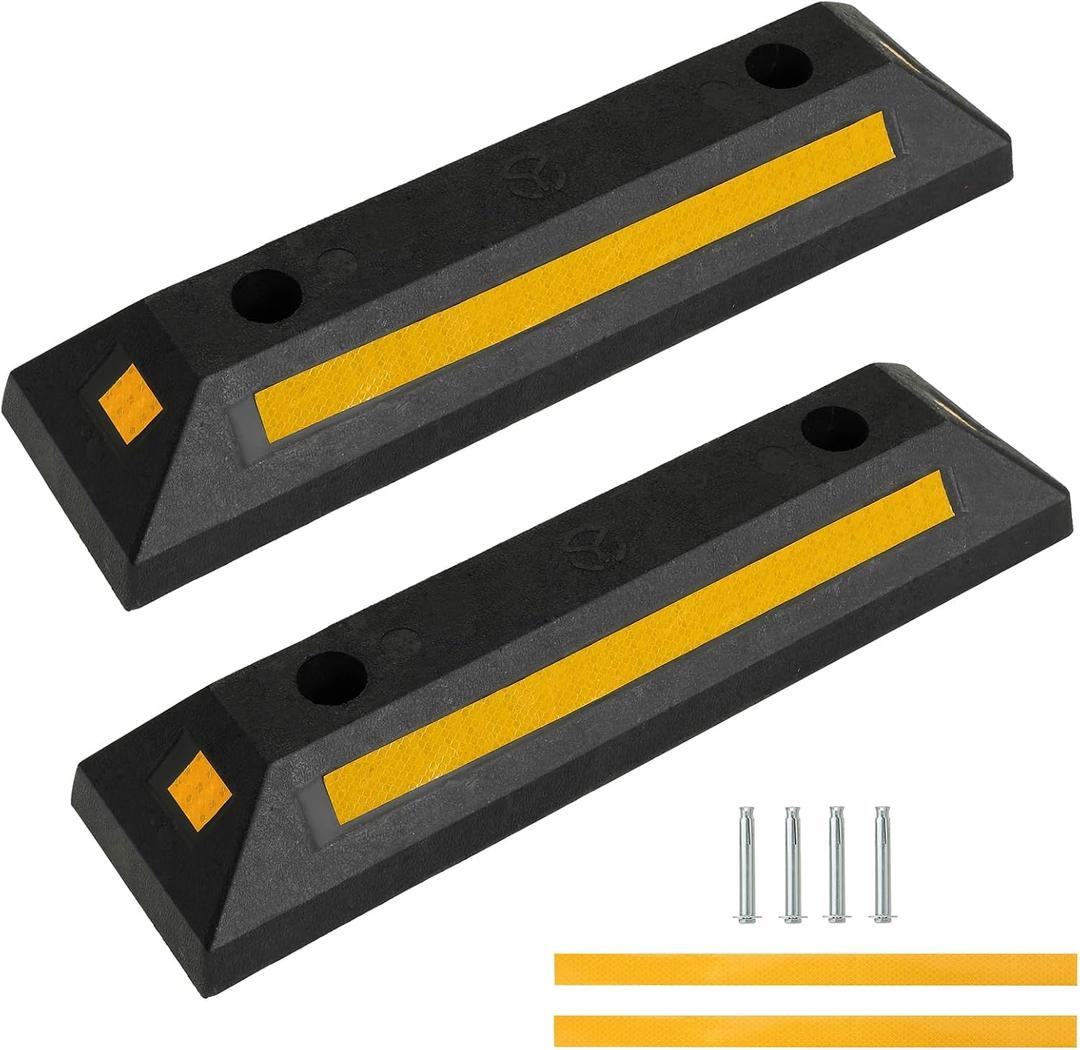 Heavy Duty Rubber Curb Car Stop | 2-Pack Curb Garage Vehicle Floor Stopper for Parking Safety with Reflective Yellow Stripes, Rubber Parking Curb Guide for Cars, Trucks, RVs, and Trailers