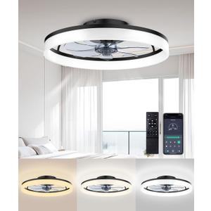 FancyMay Ceiling Fans with Lights and Remote, 20" Modern Low Profile Ceiling Fan, 6-Speed Quiet Reversible Motor, Flush Mount LED Fan Light,Stepless Dimmable for Bedroom & Kids Room (Black)
