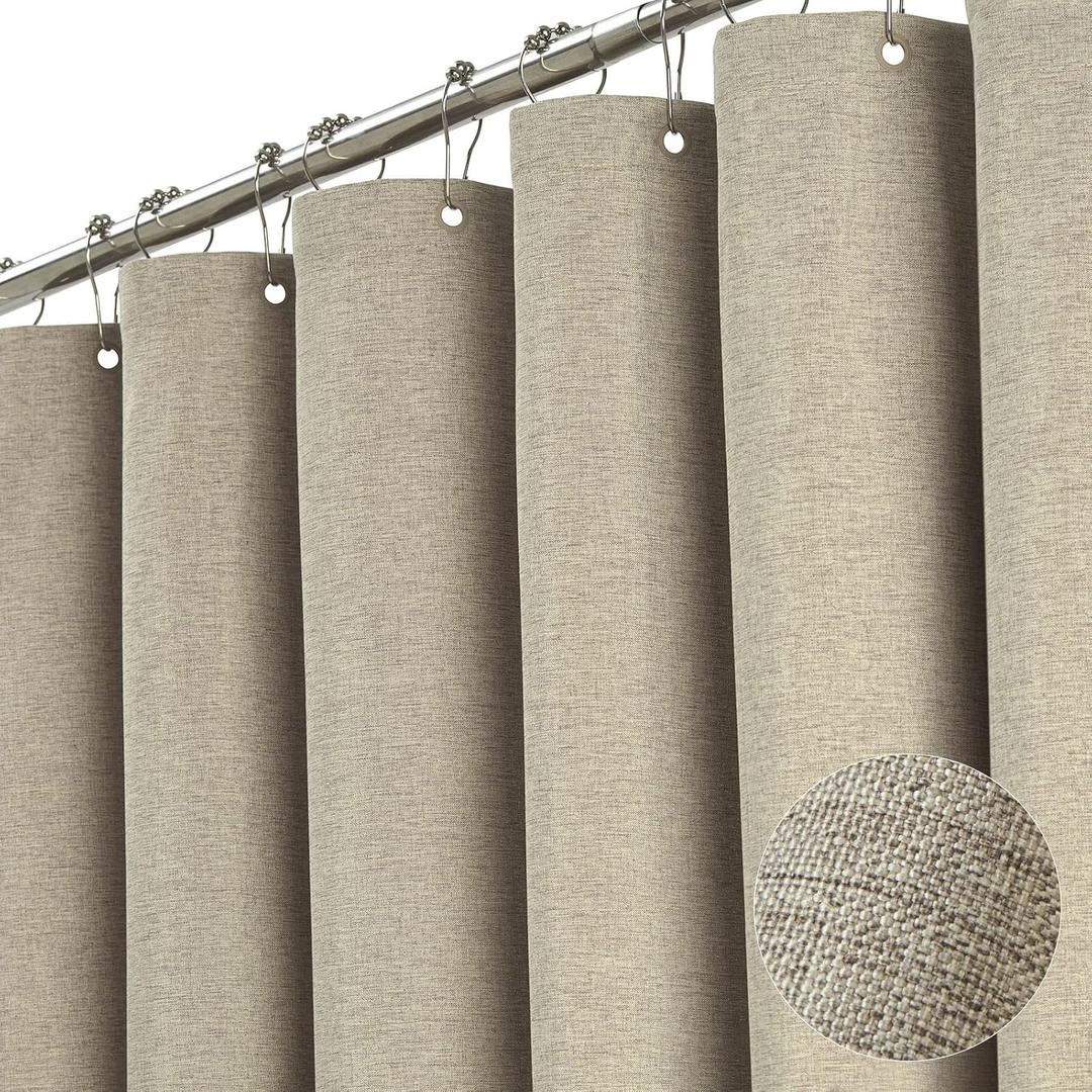 BTTN Extra Wide Shower Curtain - 108 x 72 Inch Linen Textured Waterproof Fabric Shower Curtain Set with 18 Plastic Hooks, Large Modern Farmhouse Cloth Bathtub Shower Curtains for Bathroom - Khaki/Tan