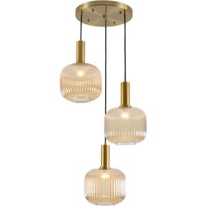 BOKT Gold Cluster Globe Glass Ceiling Chandelier 3-Light Amber Hanging Pendant Light Brushed Brass Dining Room Chandelier Stair Adjustable Hanging Light Fixture for Corridor Entryway