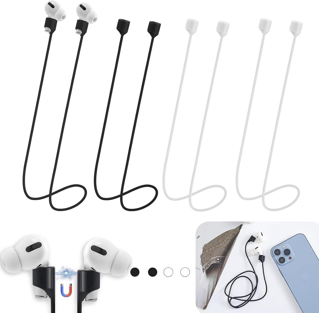 Magnetic Anti-Lost Straps for AirPods,4 Pack Ultra Strong Magnetic AirPods Strap Anti-Lost Neck Rope Cord,Soft Silicone Sports Lanyard Compatible with AirPods 1&2/ Pro /2nd/3rd (2Black+2White)