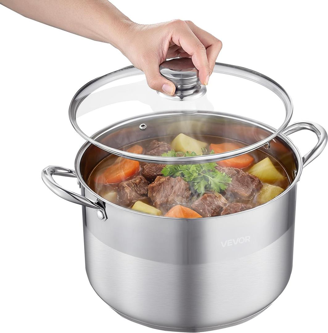 VEVOR Stainless Steel Stock Pot, 12-Quart Stainless Steel Stockpot with Glass Lid, PFOA-Free, PFAS-Free, Compatible with Gas Stoves, Induction Cooktops, Electric Stoves, for Soups, Stews, and Pasta