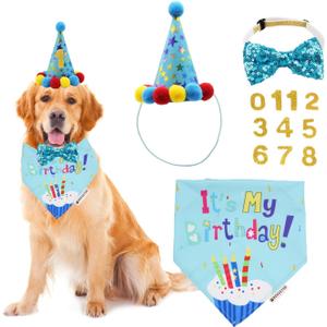 ADOGGYGO Dog Birthday Bandana Scarf and Blue Boy Pet Birthday Party Hat with Cute Bow Tie for Extra Large Dog Pet (X-Large) ADOGGYGO Dog Birthday Bandana Scarf and Blue Boy Pet Birthday Party Hat with Cute Bow Tie for Extra Large Dog Pet (X-Large)