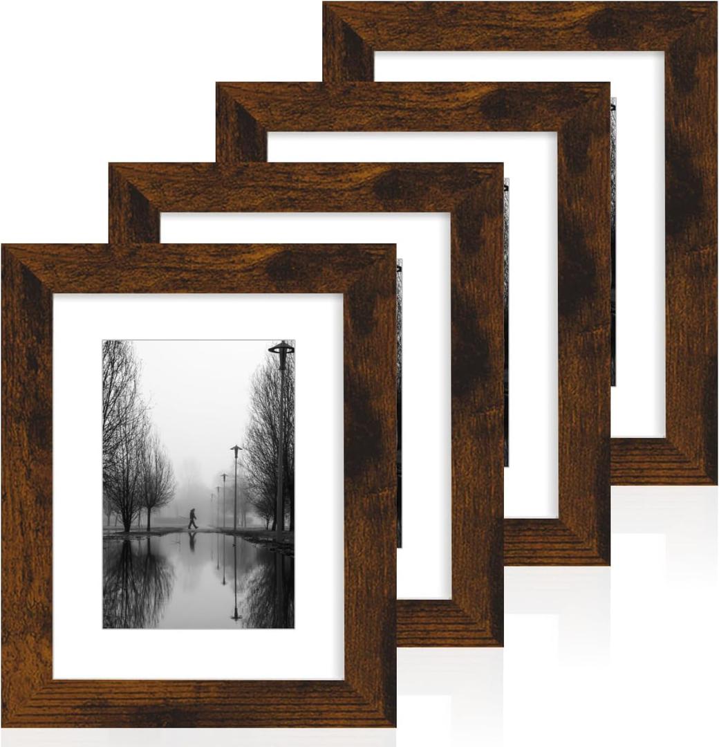 iRahmen 6x8 Picture Frame with Mat 4x6 - High Definition Real Glass Wooden Photo Frames for Tabletop Display and Wall Mounting (Dark Brown, Set of 4)