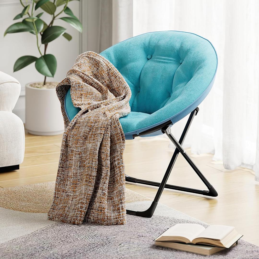 GarveeTech Folding Faux Fur Saucer Chair, Portable Folding Soft Moon Chair, Comfortable Lounge Chair with Metal Frame for Bedroom, Dorm Rooms, Apartments, Lounging, Garden and Courtyard, Green