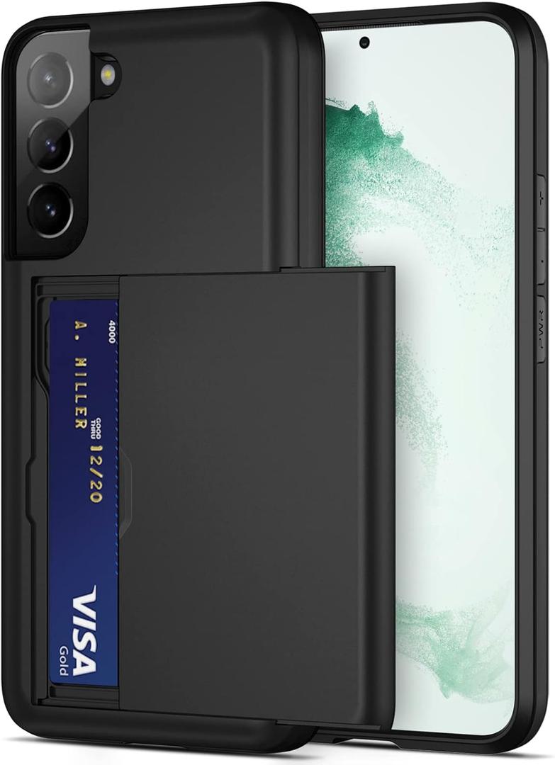Jiunai for Samsung Galaxy S22 Case Credit Card IDs Cash License Holder Shell Wallet Case Slide Cover Dual Layer Hard PC Rubber Cover Wallet Phone Case for Samsung Galaxy S22 5G 6.1'' 2022 Black
