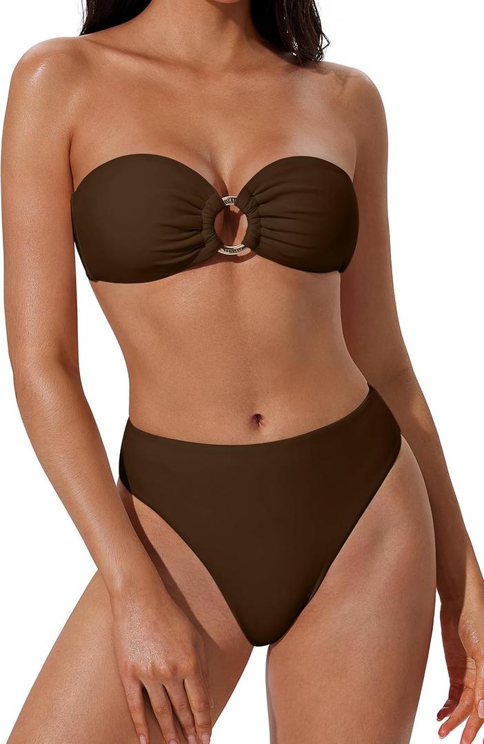 SUUKSESS Women Bandeau O Ring Bikini Sets Tie Back High Waisted 2 Piece Swimsuit (Medium)