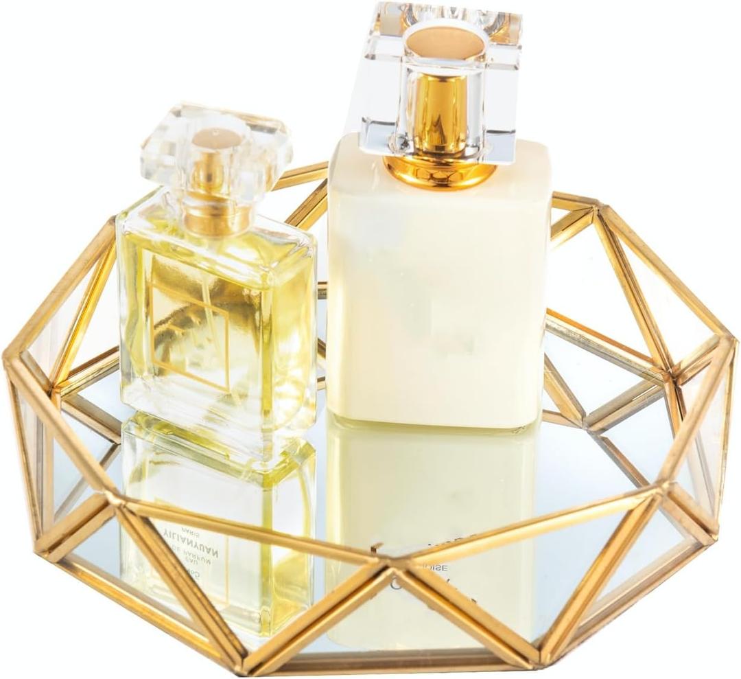 Feyarl Small Gold Glass Perfume Tray Jewelry Trinket Organizer Tray Ornate Vanity Cosmetic Makeup Display Decorative Tray for Home Decor Dresser Tabletop Countertop (7inch)