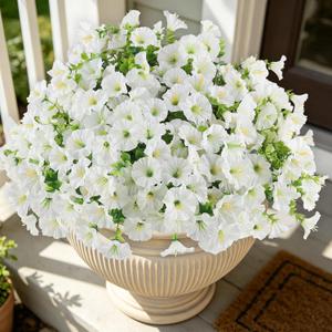 12PCS Artificial Flowers for Outdoor Decorations, Realistic Faux White Silk Petunia Flowers for Outside, Fake Plants Morning Glory with Eucalyptus Porch Patio Planters Window Boxes Decor