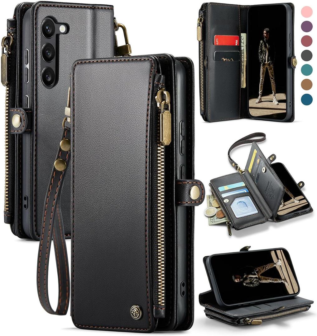 Defencase Compatible with Samsung Galaxy S23 Case Wallet with RFID Blocking Card Holder for Women Men, PU Leather Magnetic Snap Flip Zipper Strap Wallet Phone Case Fit for Galaxy S23 5G 6.1", Black