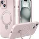 CellEver Strong Magnetic Case for iPhone 15 [for MagSafe Charging] [Camera Protection] Heavy-Duty Protection, Soft Grip Silicone Cover with Kickstand, Chalk Pink